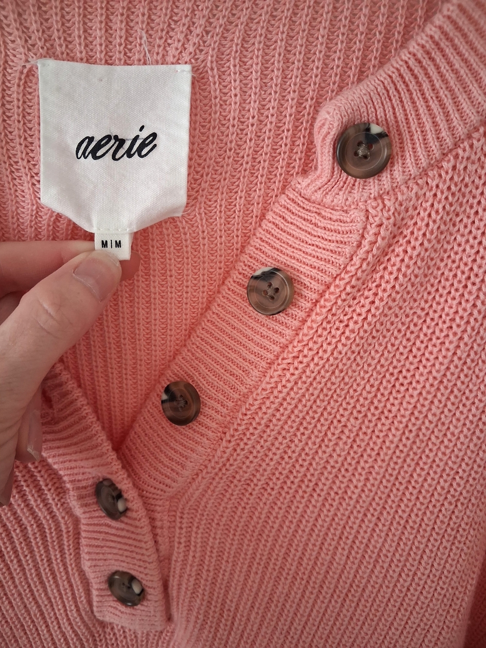Aerie Cozy Strawberry Patch Pink Button Front Oversized Cotton Henley Sweater - Picture 3 of 6